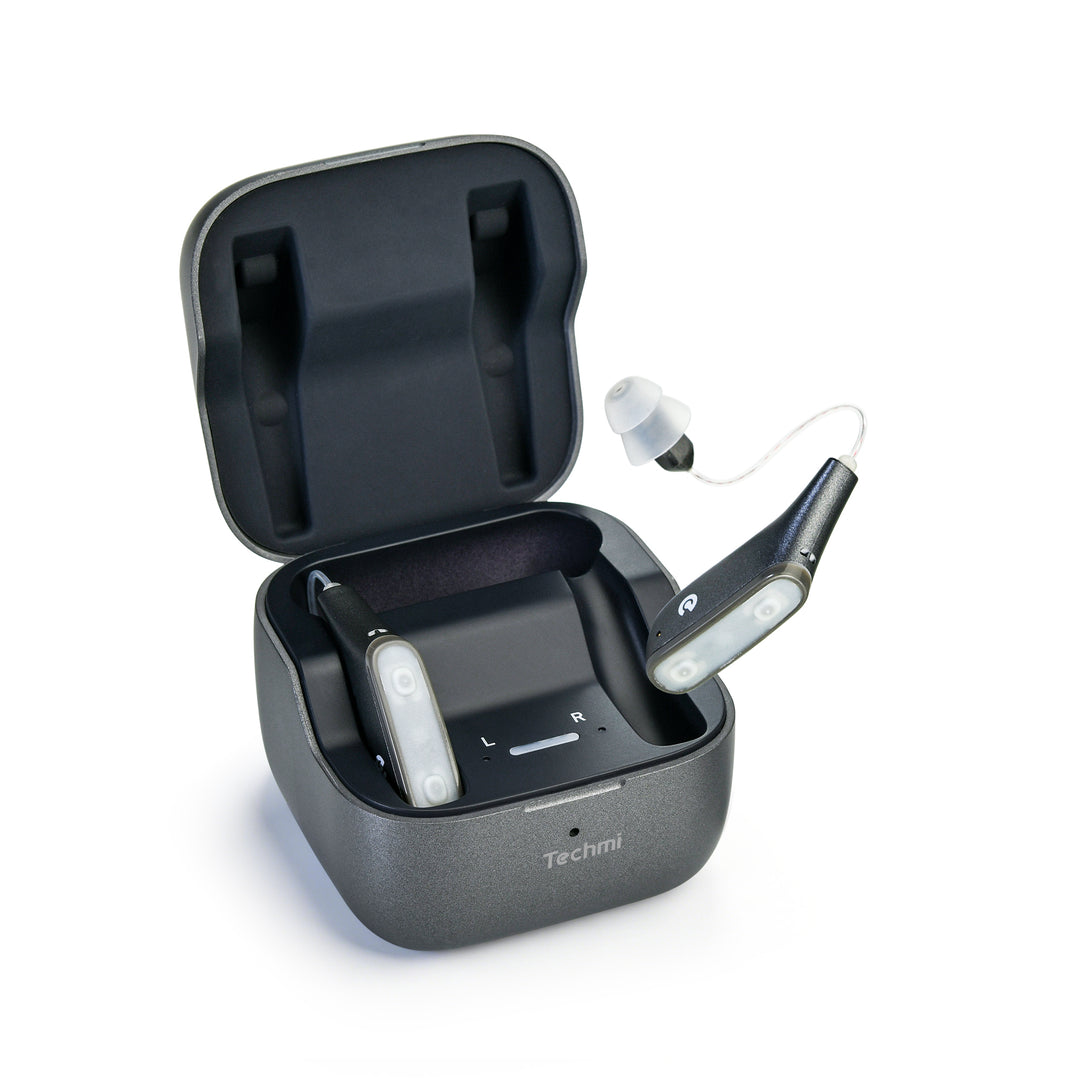 Techmi FacePro RIC hearing aid styled like Bluetooth earbud with app control